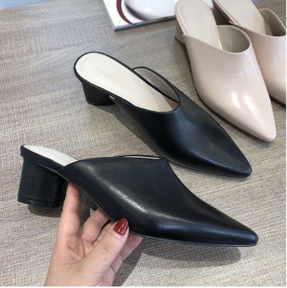 Leather Half Slippers Mules Versatile Thick Heel High Heel Slippers